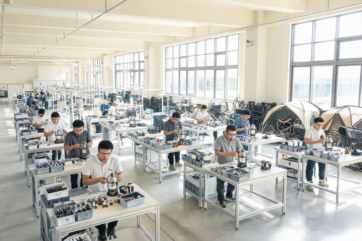 Modern outdoor products manufacturing workshop floor with production lines