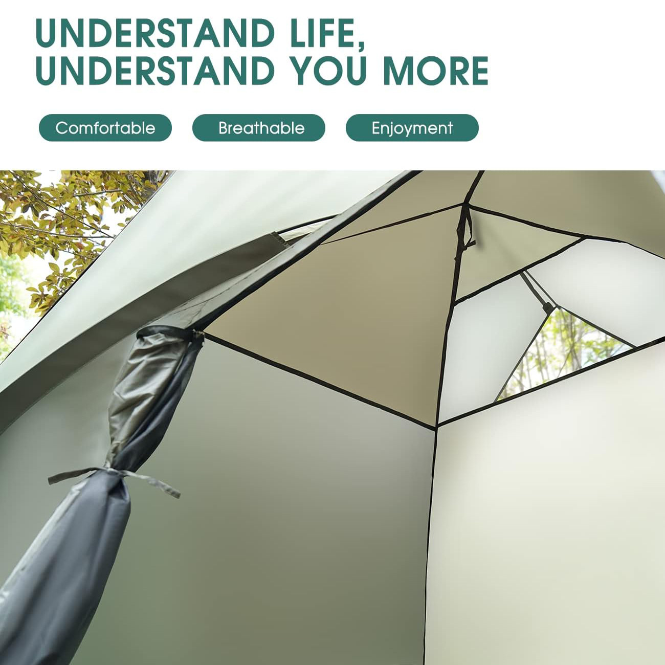 Olive green double-layer hiking tent with yellow trim on white background