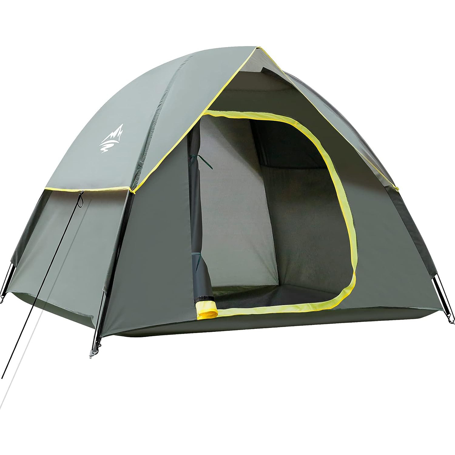 Olive green hiking tent at a campsite with campfire and campers