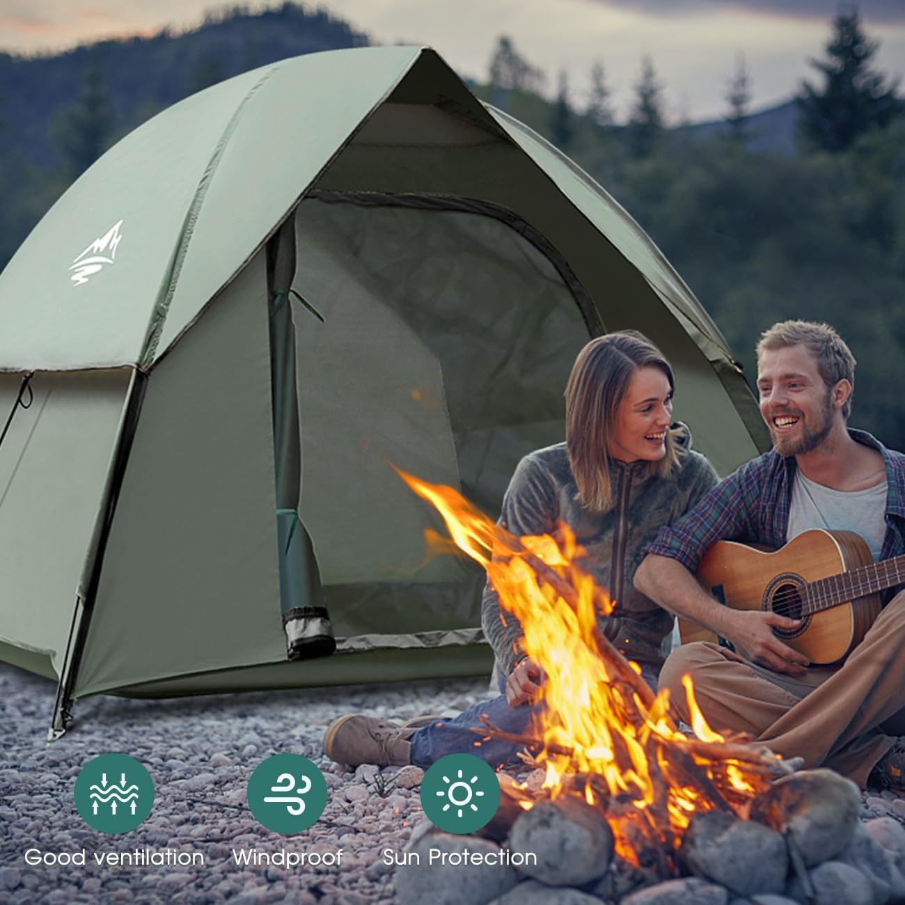 Three-step quick setup of the hiking tent on grass